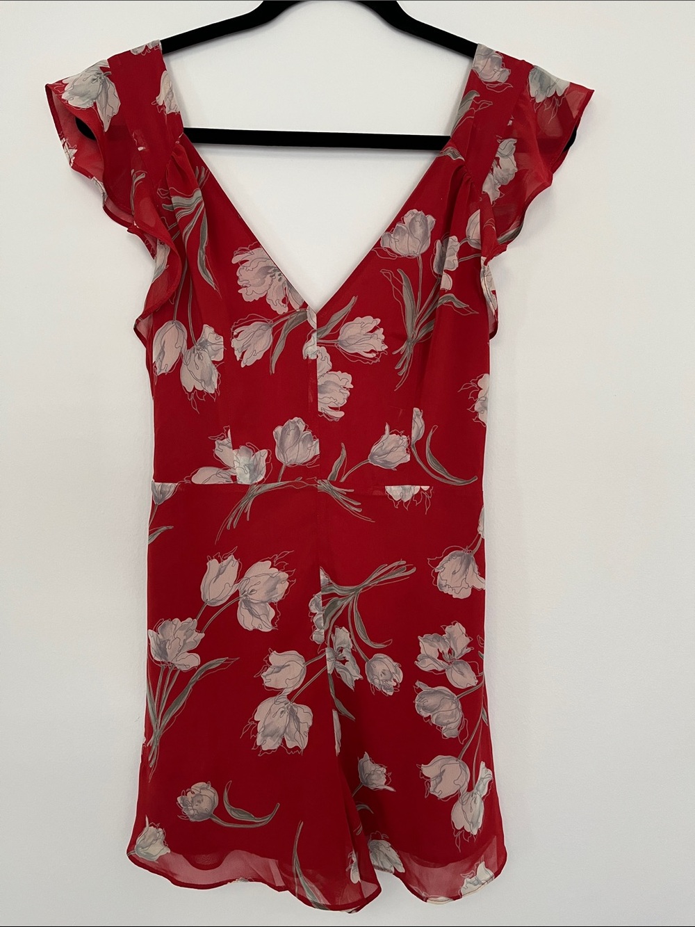 Kimchi Blue Women’s Romper Sz 4 Red Floral Print Flutter Lined Shorts Boho Chic